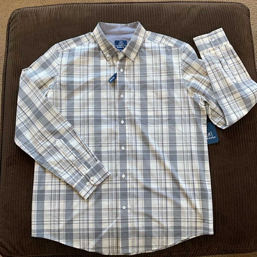 NWT George Gray plaid Casual button down long sleeve Dress shirt men’s L